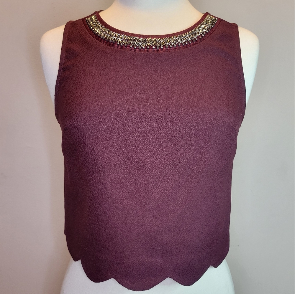 Lush Scalloped and Embellished Crop Top, Burgundy